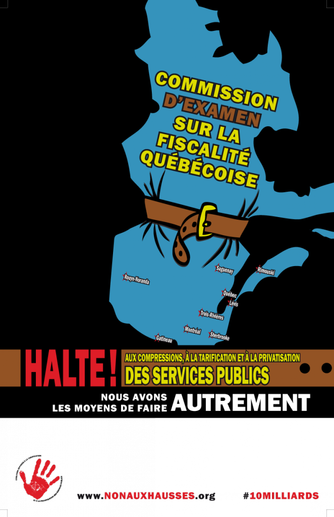 Affiche modifiable pour les mobilisations autour des consultations de la Commission d'examen de la fiscalité québécoise